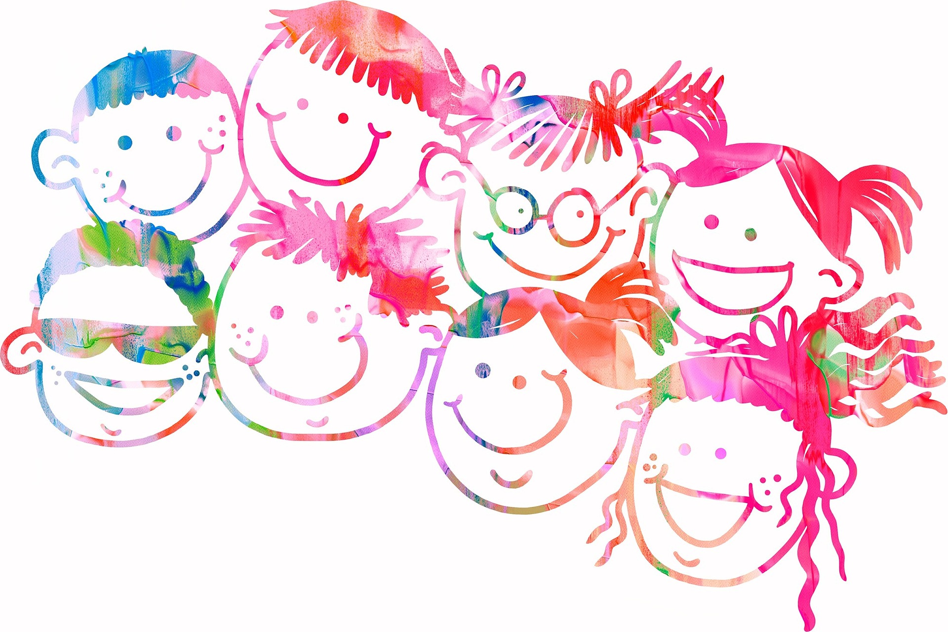 Zwei Reihen gezeichnete farbige Kindergesichter, in jeder Reihe sind es vier, alle lächeln oder lachen.